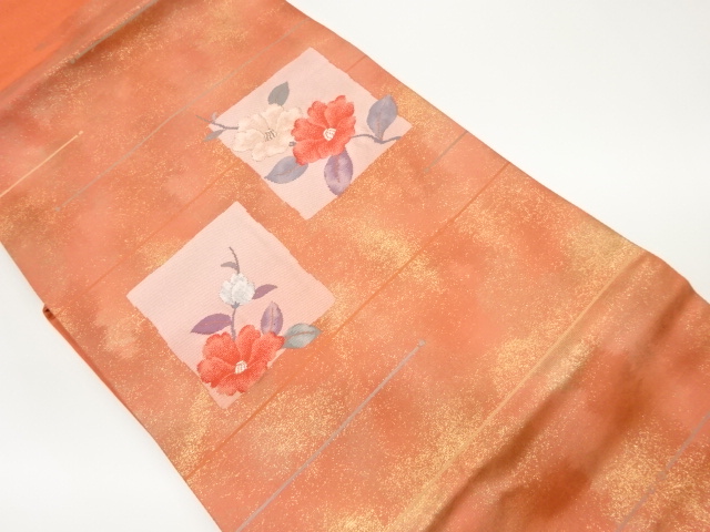 引箔色紙に椿模様織出し名古屋帯